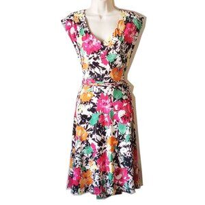 LRL Lauren Floral Jersey V-Neck Belted Sleeveless Dress XL Fully Lined